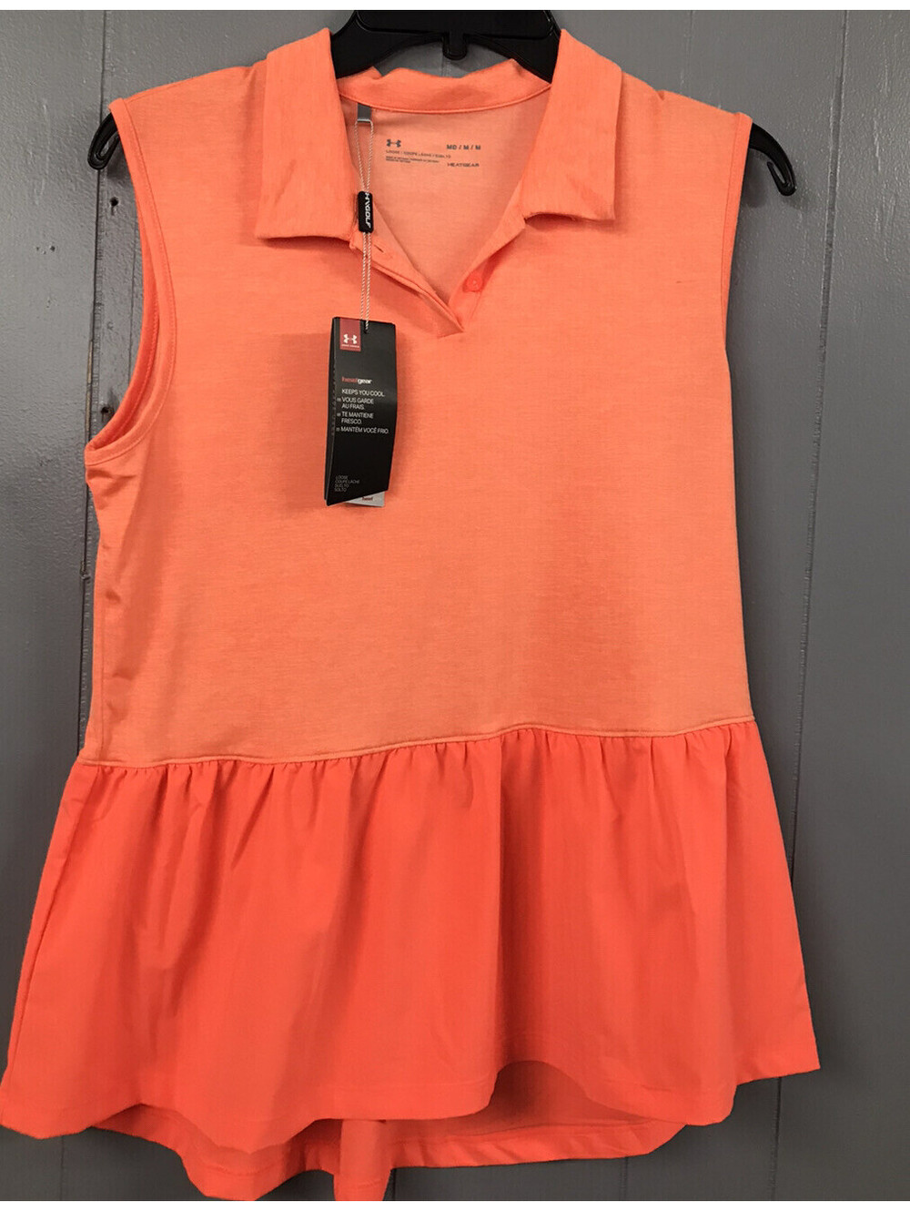 Under Armour Peplum Sleeveless Top. Orange Mixed Media. Ladies Golf. Size M. NWT